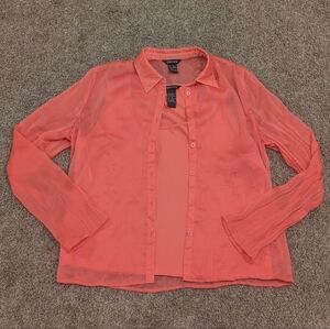 Beliza women's coral pink sheer button down long sleeve blouse shirt & tank set